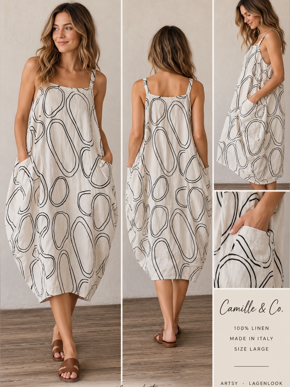 Camille & Co 100% Linen Abstract Lagenlook Cocoon Dress Italy L